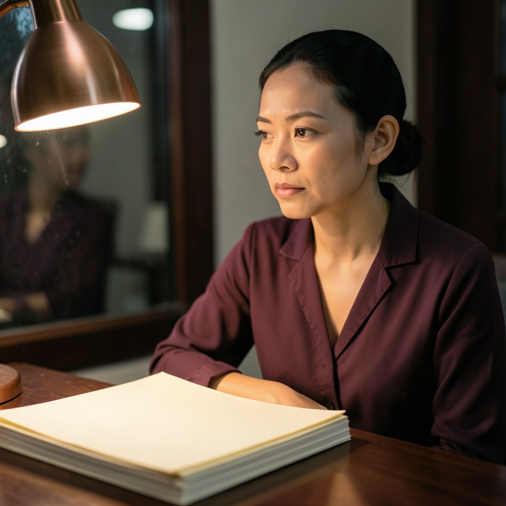 Portrait of a woman in her thirties at a wooden desk with paper notes and a pencil