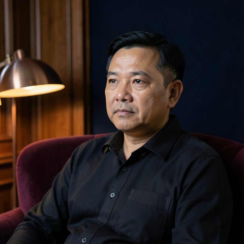 Portrait of a man in his forties in a dark jacket, seated beside a copper lamp in a quiet study