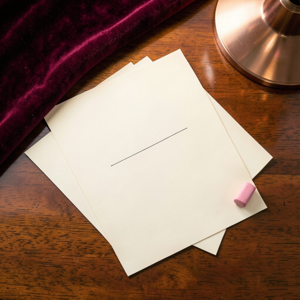 Two sheets of paper on dark wood, one with a single pencil line and an eraser beside it