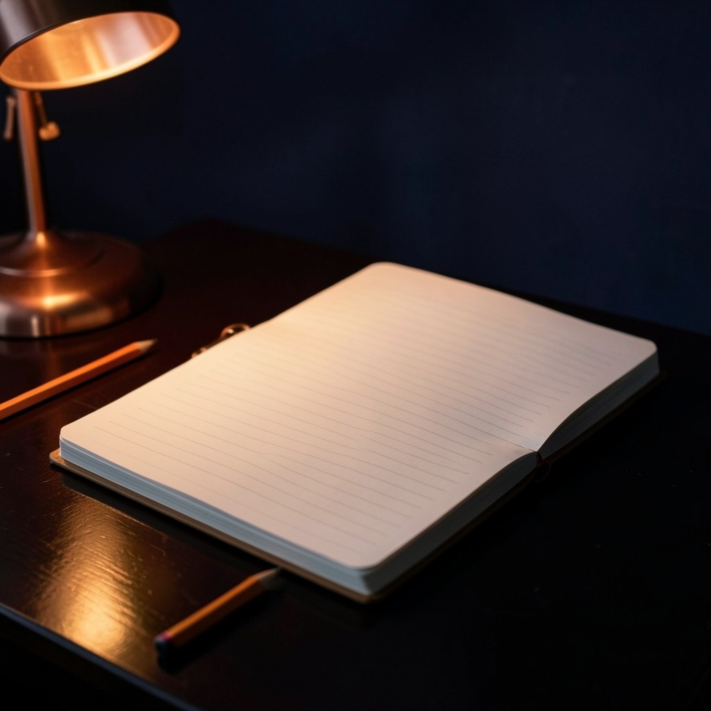 A single notebook page and a pencil on a lacquered desk in warm lamp light