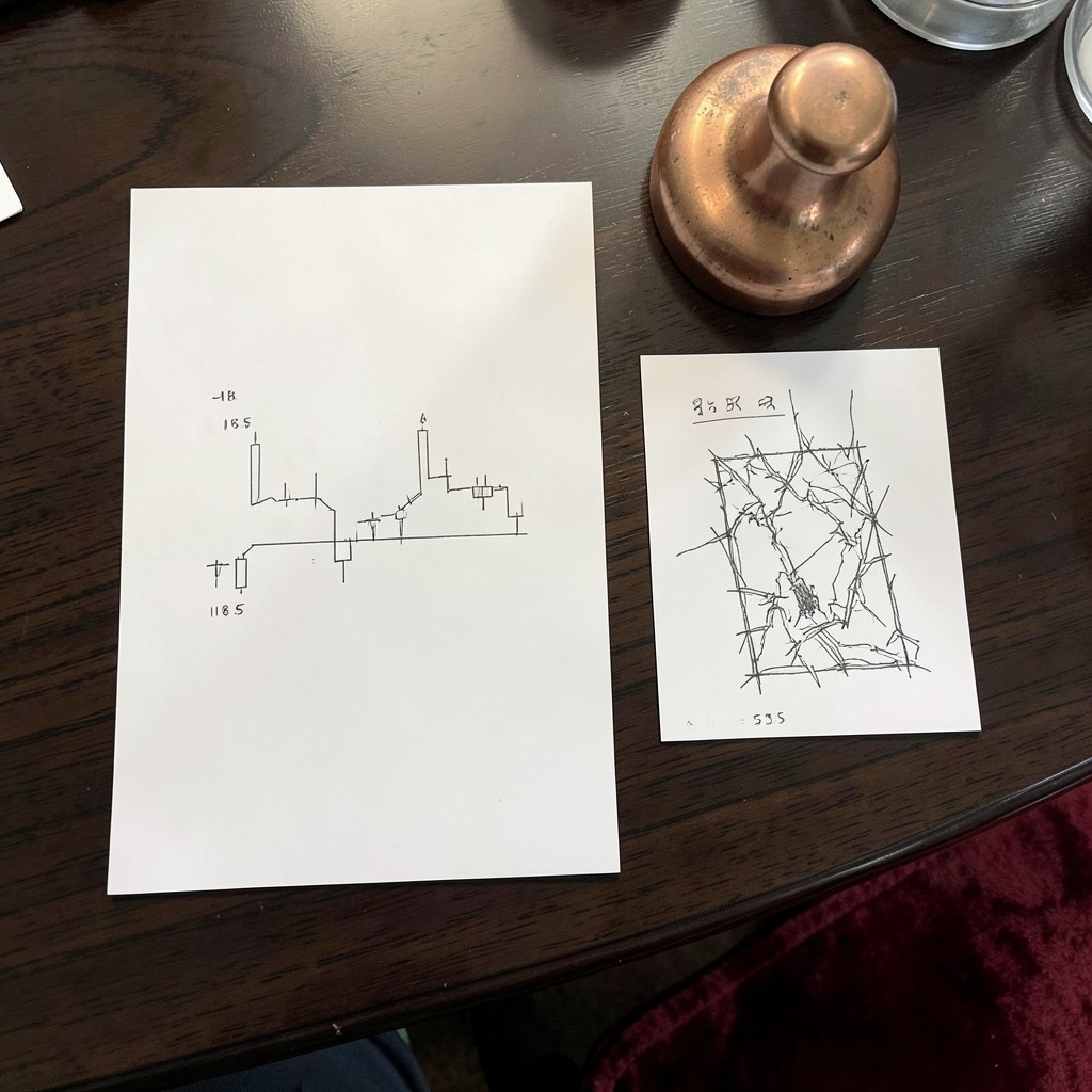 Two printed chart sheets side by side on a dark desk, one larger and one smaller, with no readable lettering