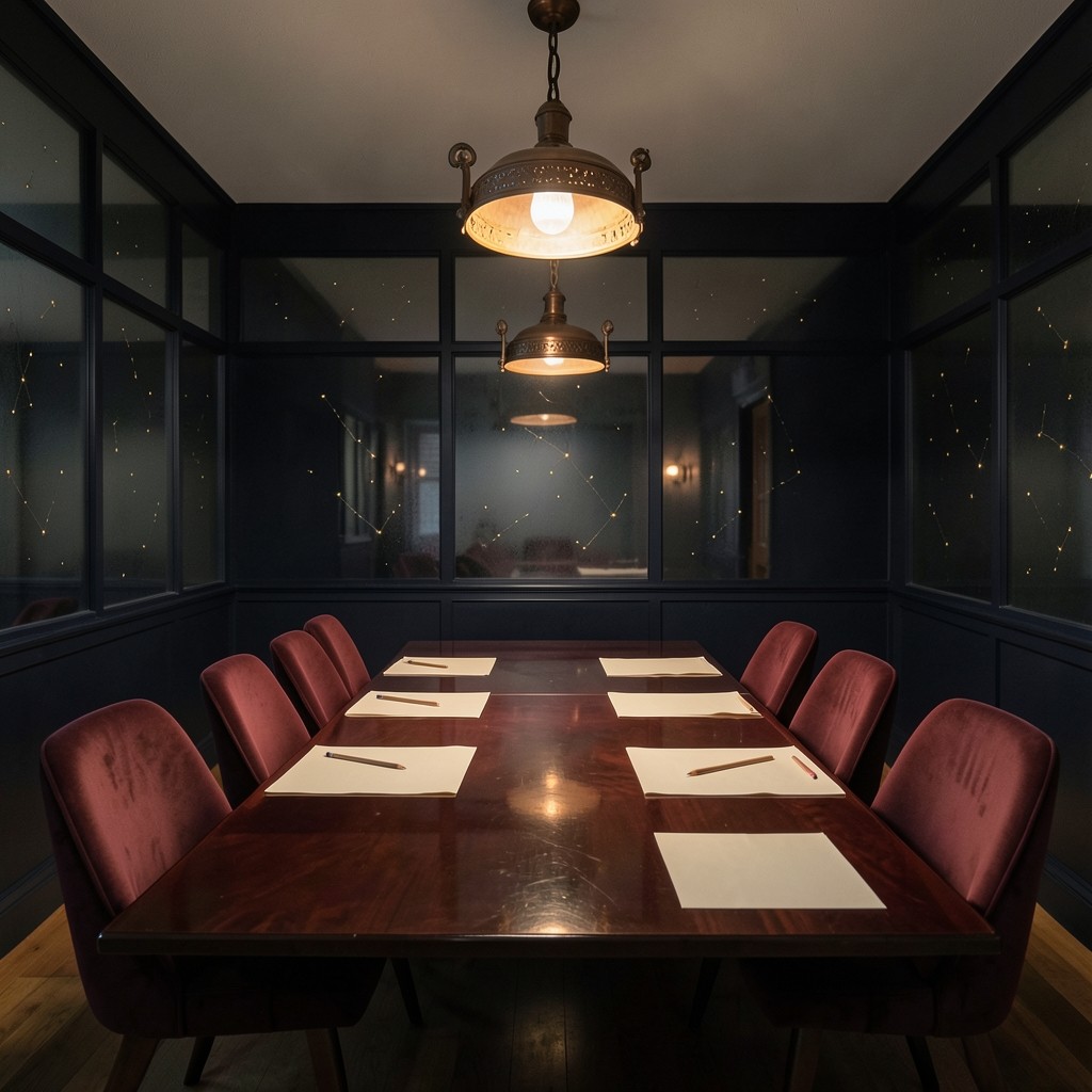 Wide view of a quiet chart room with a long lacquered table, velvet chairs, and copper lamps, prepared with blank paper