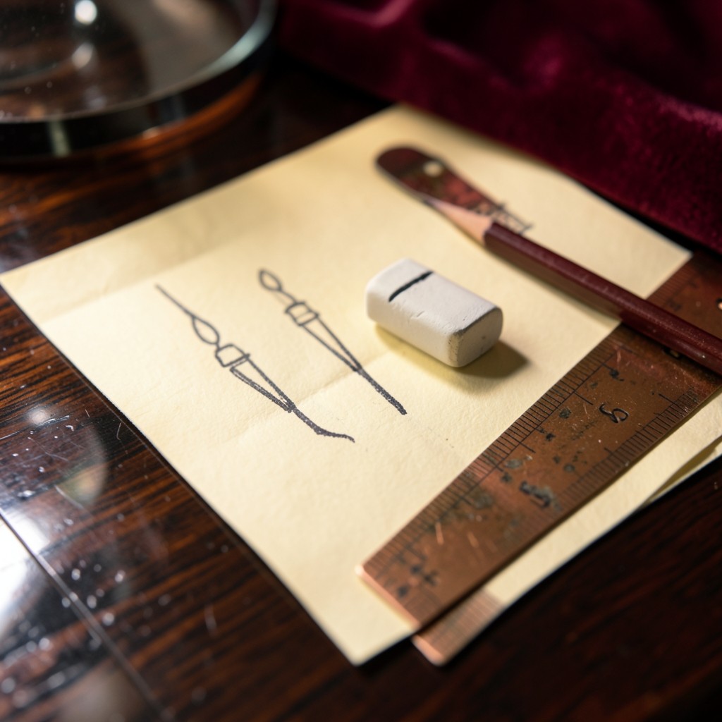 Pencil and eraser beside an unlabeled candlestick sketch on ivory paper