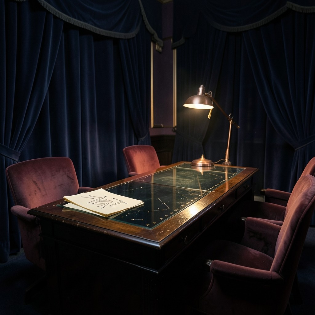 A dim chart-study room with velvet curtains, a lacquered desk, and unmarked paper charts under a copper lamp