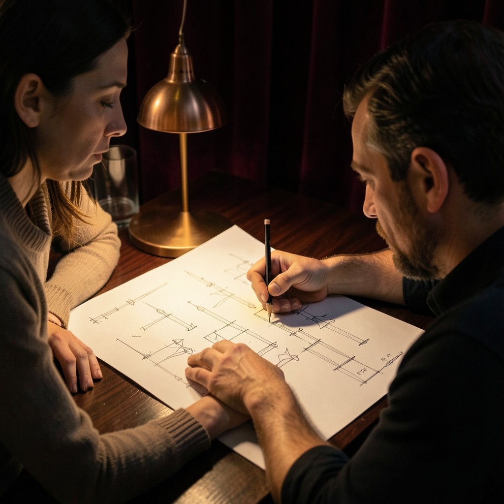 One person and an instructor leaning over a single printed chart at a dark wood desk