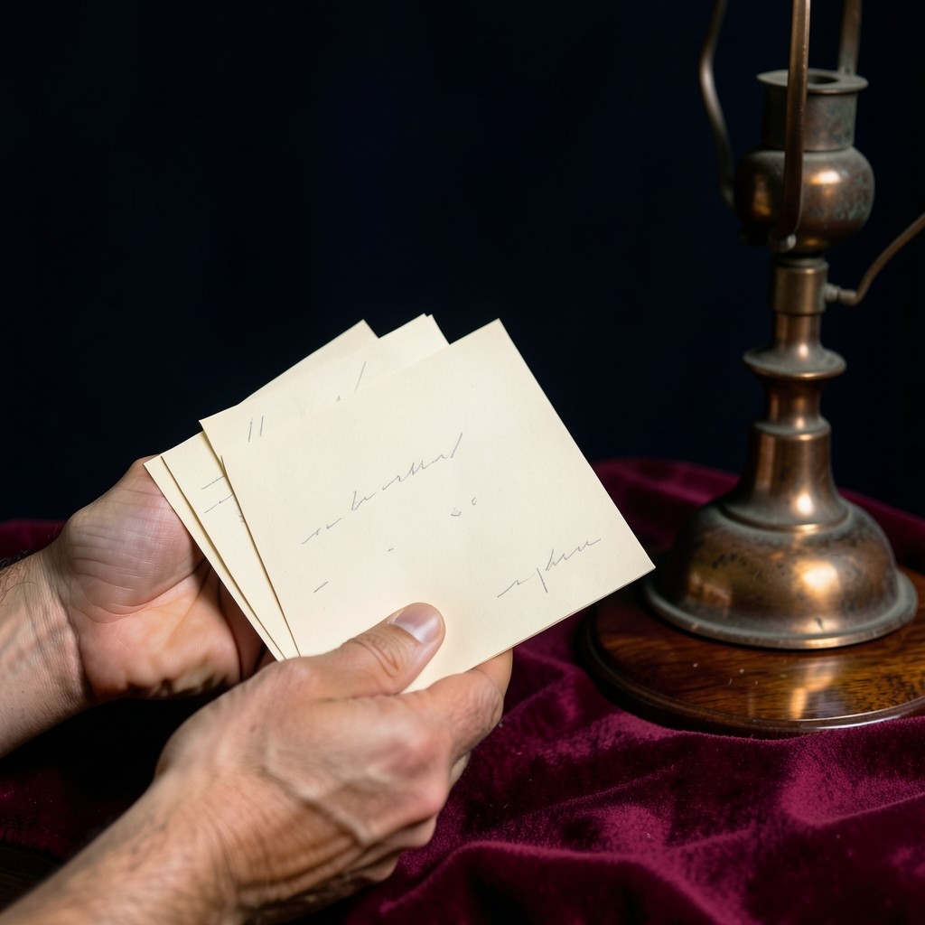 Hands holding a paper plan with pencil notes in the margin beside a copper lamp
