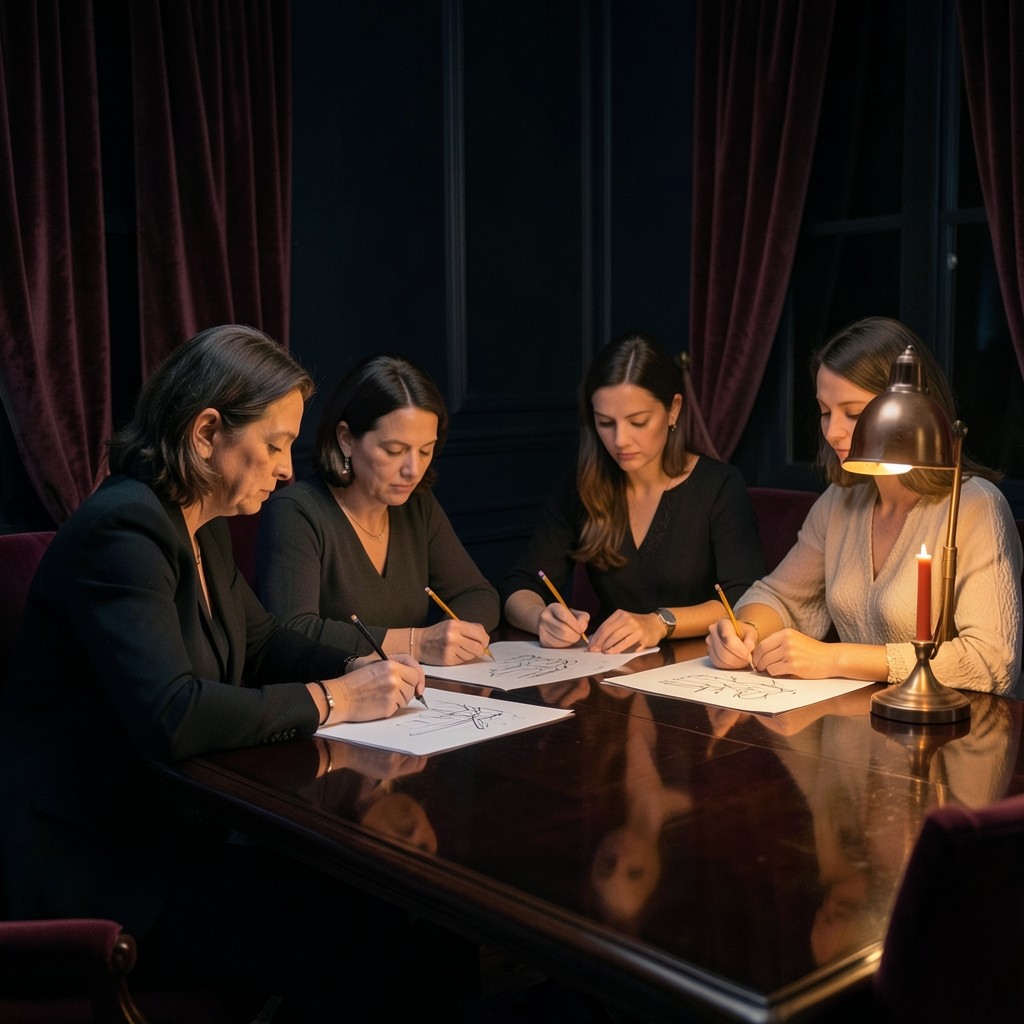 Three adults marking printed charts together at a long wooden table