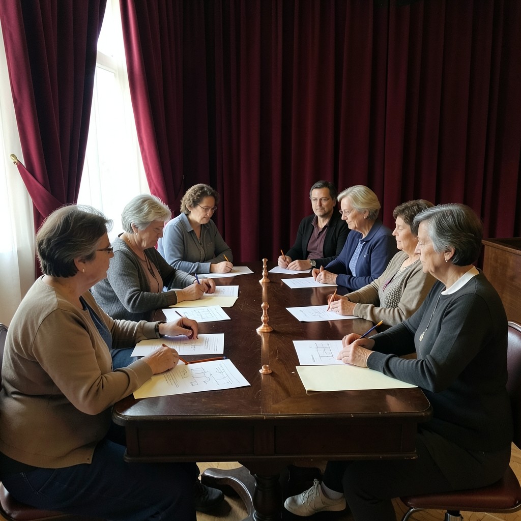 A small Saturday class around a wooden table with printed weekly charts and pencils